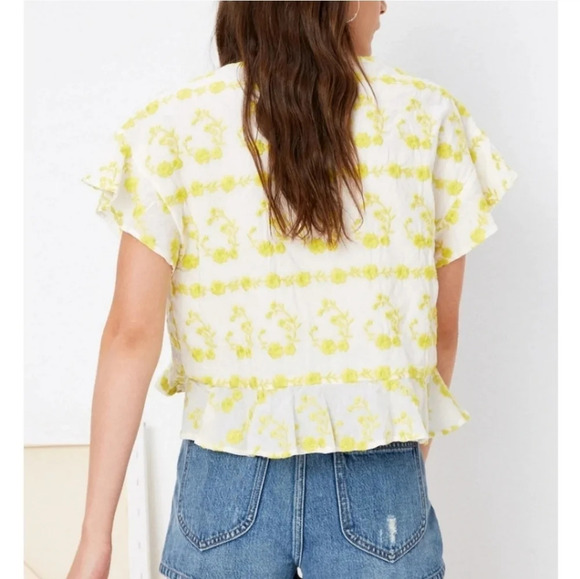 Tularosa Floral Embroidered Fairy Cottagecore Tie Front Ruffled Crop Top - Picture 2 of 11